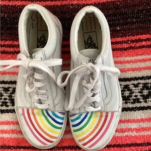 Old Skool New White Leather Rainbow 🌈 “Flour Shop” Lace Up Sneakers-
